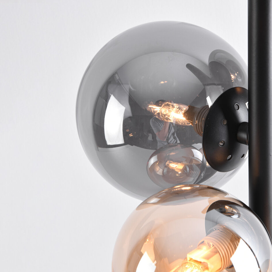 Design-Tischlampe Tessera Schwarz mit amber- und Rauchglas, 4-flammig
