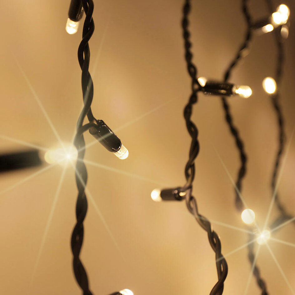 Lichtvorhang erweiterbar schwarz | ab 2 Meter | 300 LEDs | 2200K extra warmweiß mit Funkeln | Gummi