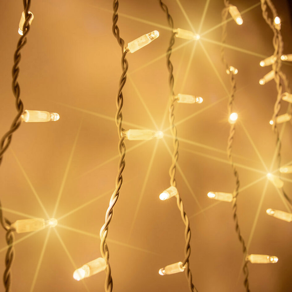 Lichtvorhang erweiterbar weiß | ab 2 Meter | 300 LEDs | 2200K extra warmweiß mit Funkeln | Gummi