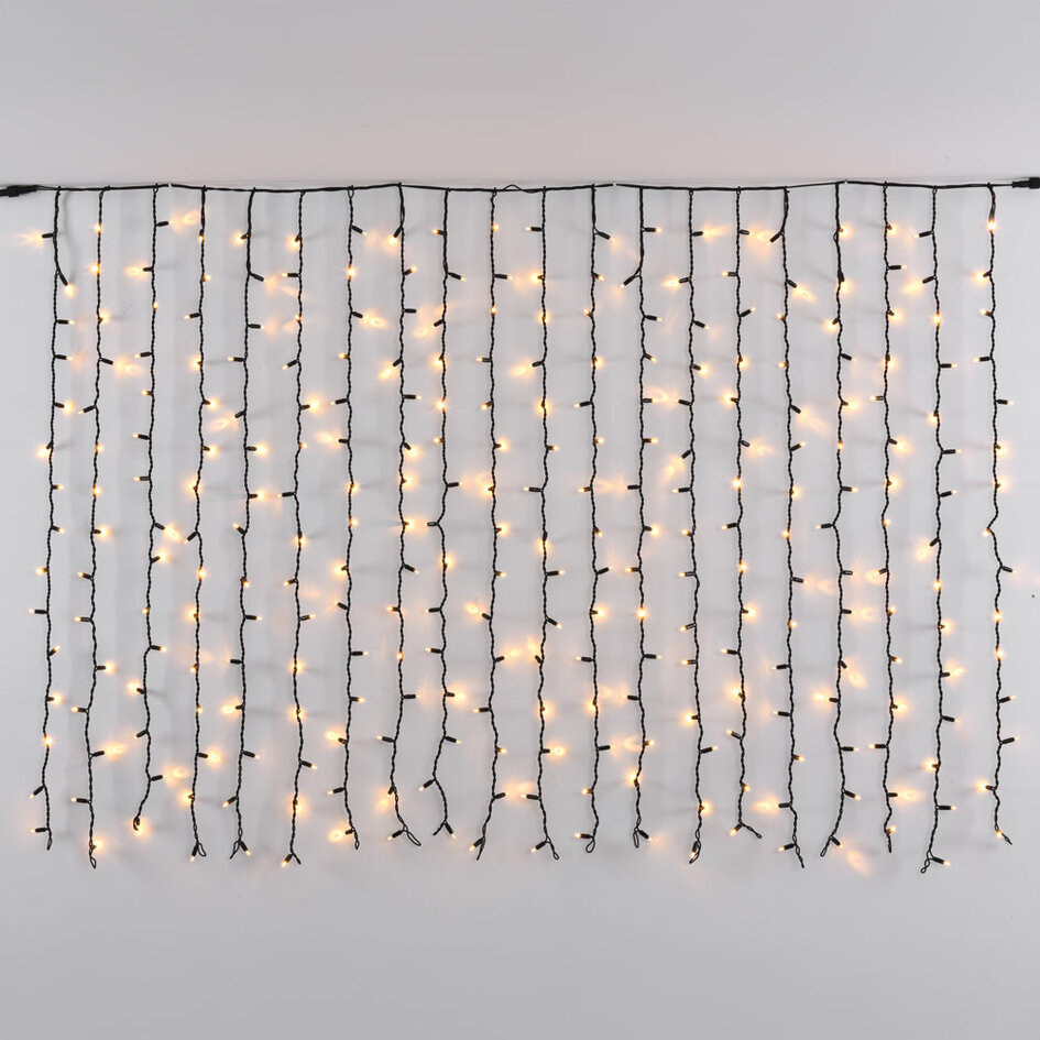 Lichtvorhang erweiterbar schwarz | ab 2 Meter | 300 LEDs | 2200K extra warmweiß mit Funkeln | Gummi