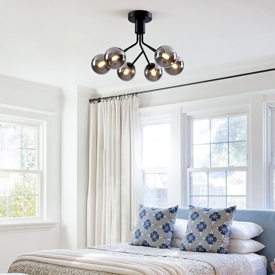 Schwarze Deckenleuchte mit Rauchglas und Spiegeleffekt, 6-flammig – Leon