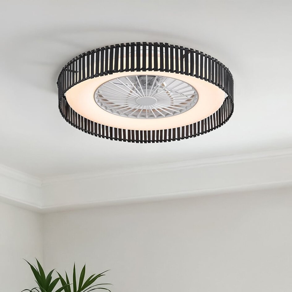 Deckenventilator Cakir mit Sterneffekt und anpassbarer Farbtemperatur – schwarzer Bambusschirm