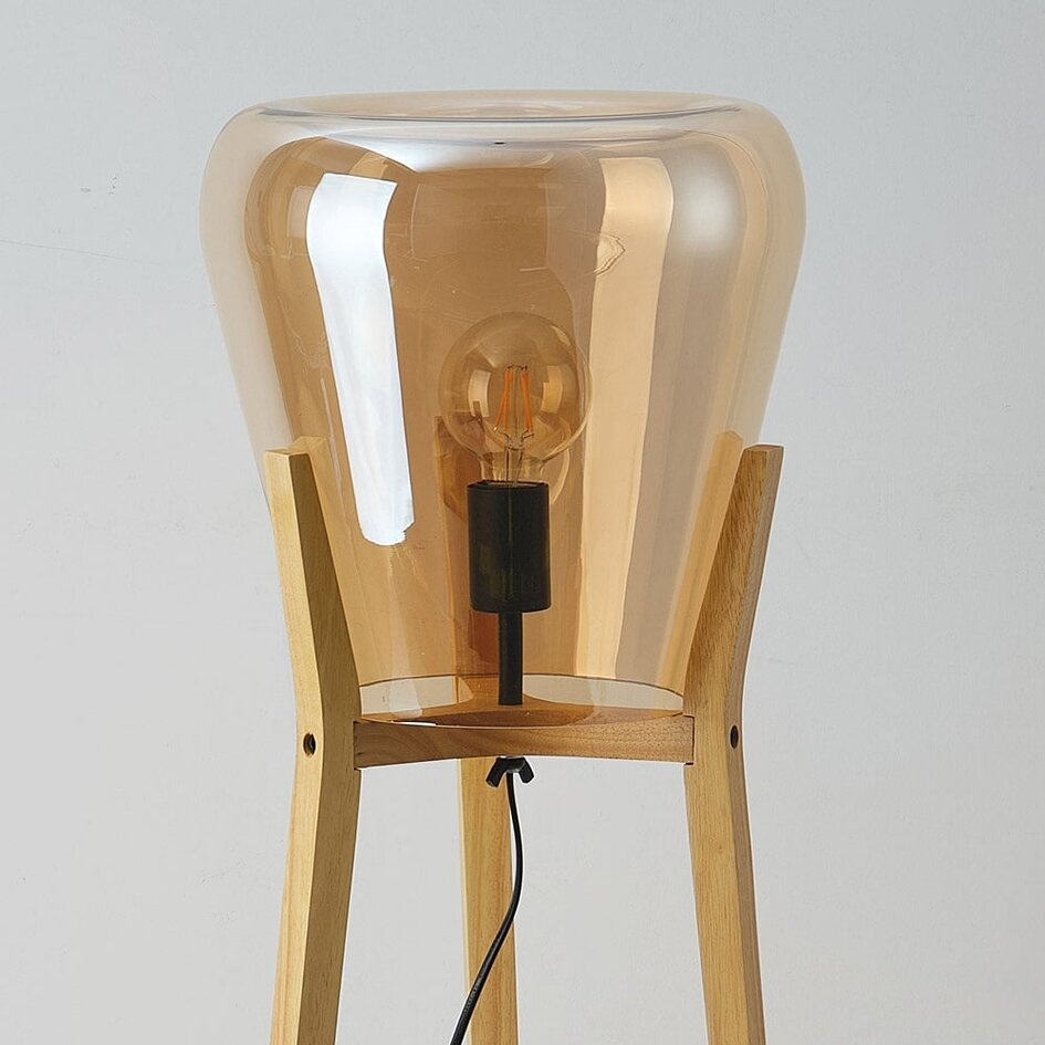 Ditta Stehleuchte aus Holz mit amber Glas