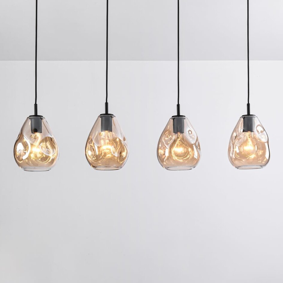 Moderne 4-flammige Hängelampe Schwarz mit amber Glas - Faliste