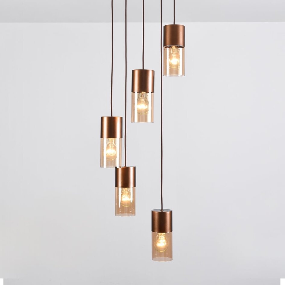 5-flammige Design-Pendelleuchte bronze mit amber Glas - Cortado