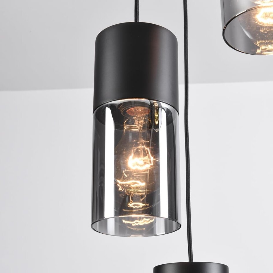 Industrielle Pendelleuchte schwarz mit Rauchglas, 5-flammig - Cortado