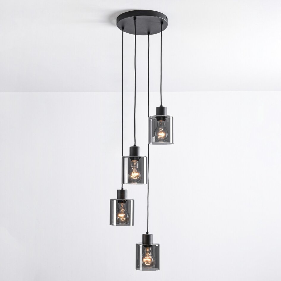 Design-Pendelleuchte Pella, 4-flammig - schwarz mit Rauchglas