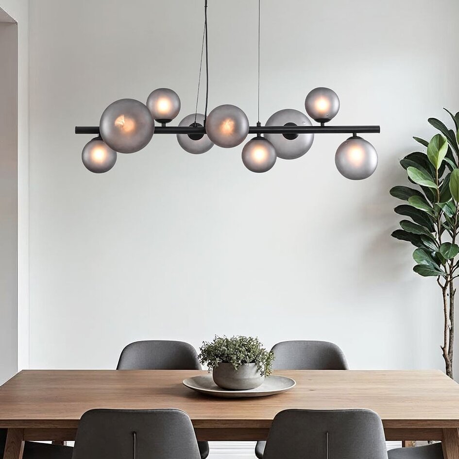 Design Pendelleuchte Givree, 9-flammig - schwarz mit grauem mattierten Glas