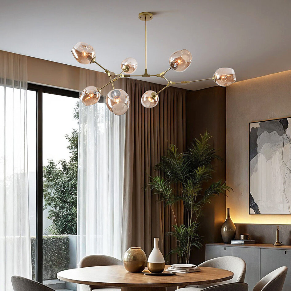 Design-Hängeleuchte 7-flammig Gold mit amber Glas - Stefanie