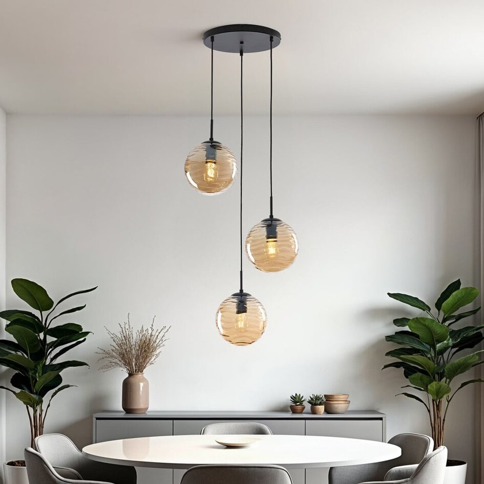 Design-Pendelleuchte schwarz mit 3D gewelltem amber Glas, 3-flammig - Eflin