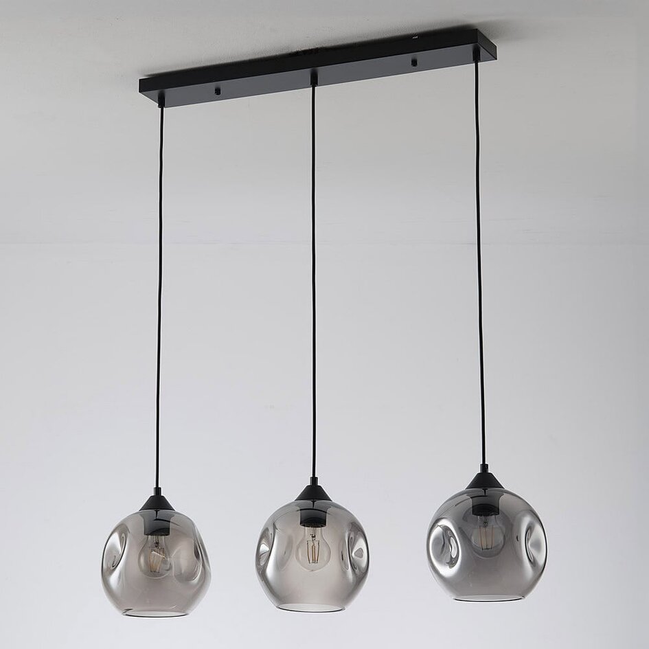 3-flammige Pendelleuchte Fayen schwarz mit gewelltem Rauchglas