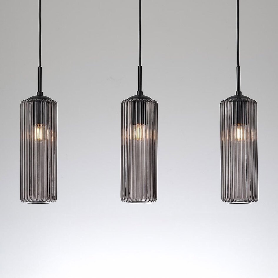 Retro-Pendelleuchte schwarz mit geriffeltem Rauchglas, 3-flammig - Giove