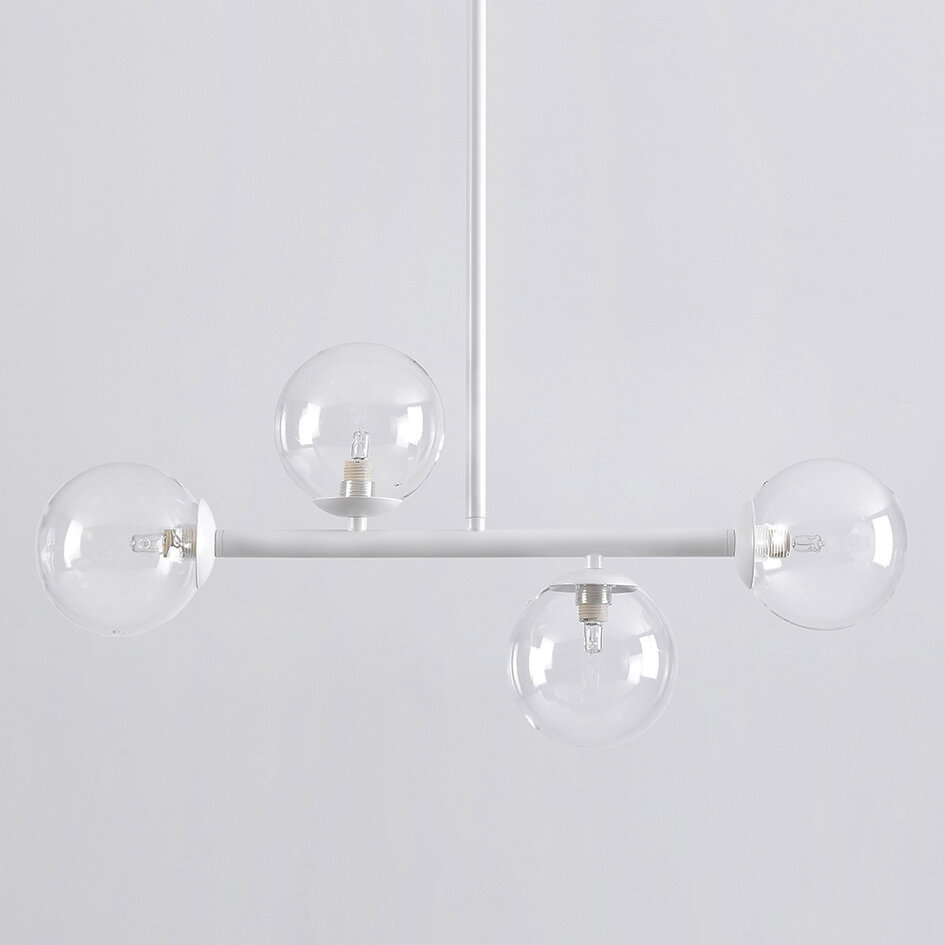 Hängelampe Asun mit weißem Rahmen und transparenten Glaskugeln