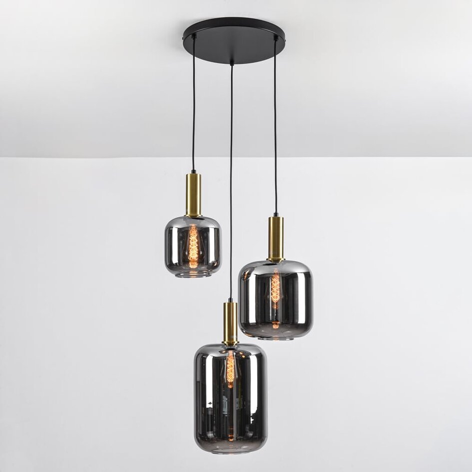 Schwarze Design-Pendelleuchte Pendu mit Gold- und Rauchglas, 3-flammig