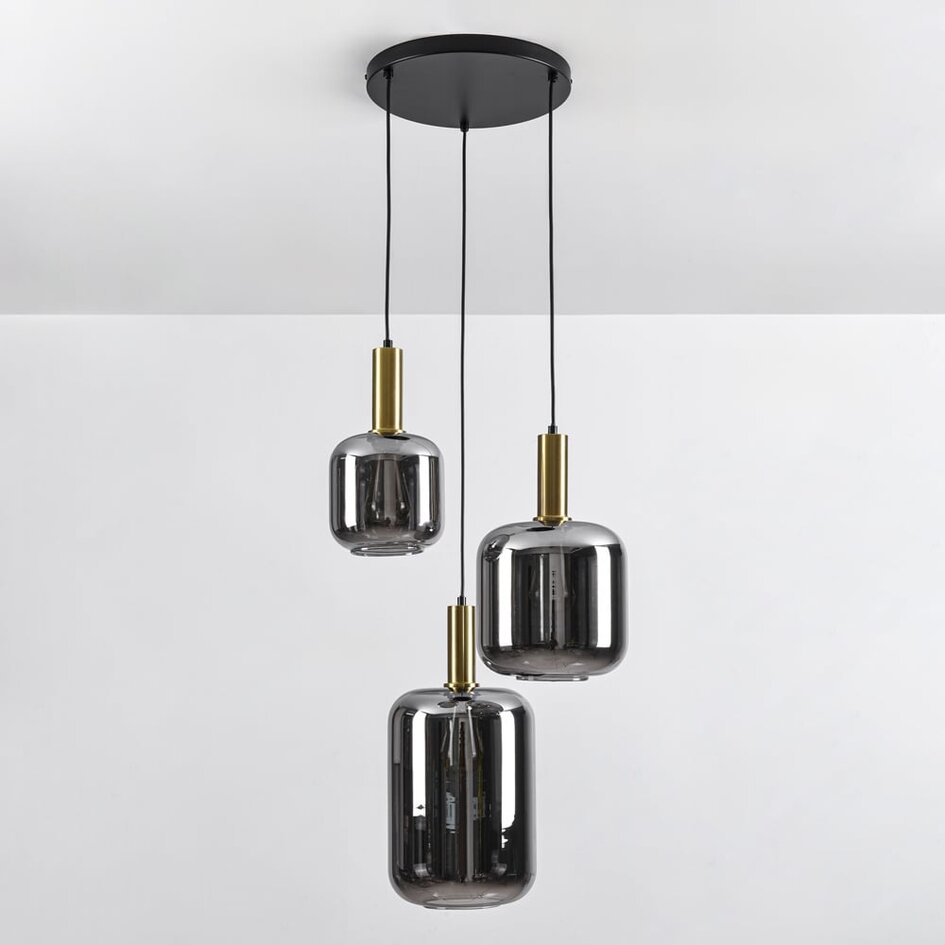 Schwarze Design-Pendelleuchte Pendu mit Gold- und Rauchglas, 3-flammig