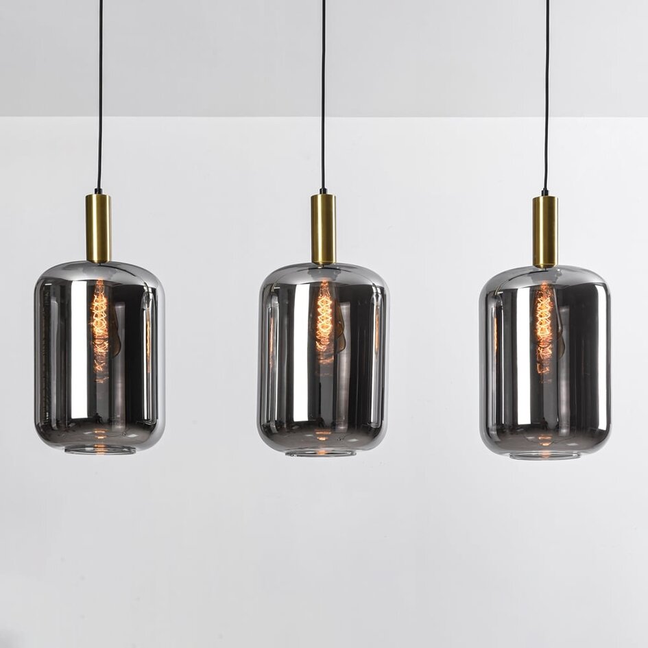 3-flammige schwarz-goldene Pendelleuchte mit Rauchglas - Teto