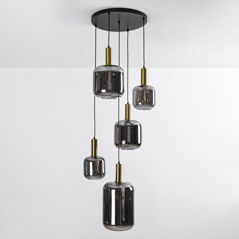 Design- Pendelleuchte schwarz mit Rauchglas und goldenen Details, 5-flammig - Cinque