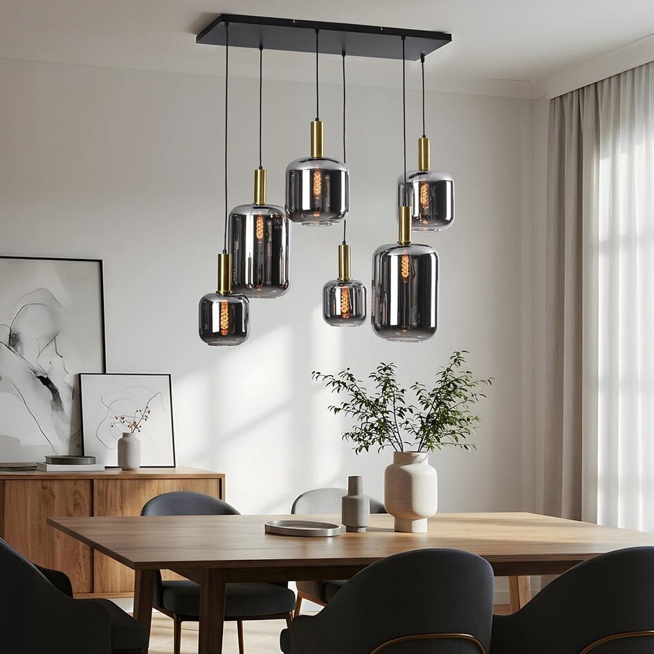 Moderne Pendelleuchte schwarz und gold mit Rauchglas, 6-flammig - Sei