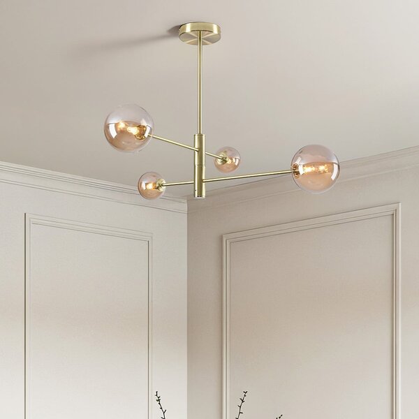 Goldene Deckenleuchte Stiri 4-flammig mit amber Glas