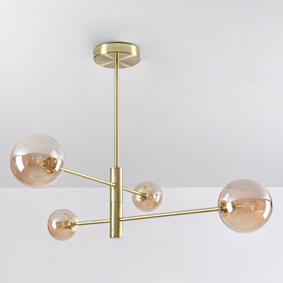 Goldene Deckenleuchte Stiri 4-flammig mit amber Glas