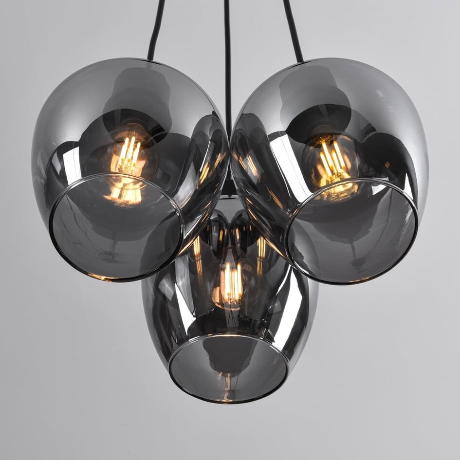 Design schwarze Pendelleuchte Ventura mit Rauchglas, 3-flammig