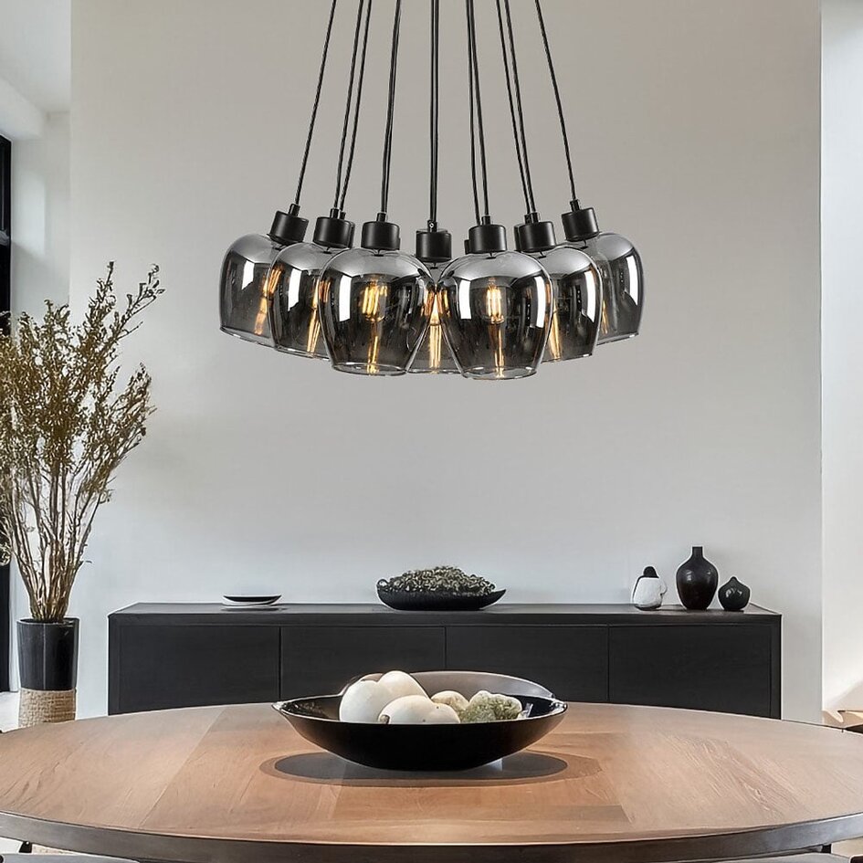 12-flammige Design-Pendelleuchte schwarz mit Rauchglas - Ventura