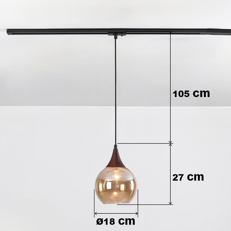 1-Phasen-Pendelleuchte Nya mit amber Glas und dunkler Holzoptik - rund