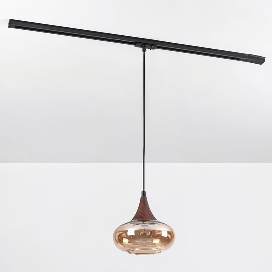 1-Phasen-Pendelleuchte Nill mit amber Glas und dunkler Holzoptik - Breites Glas