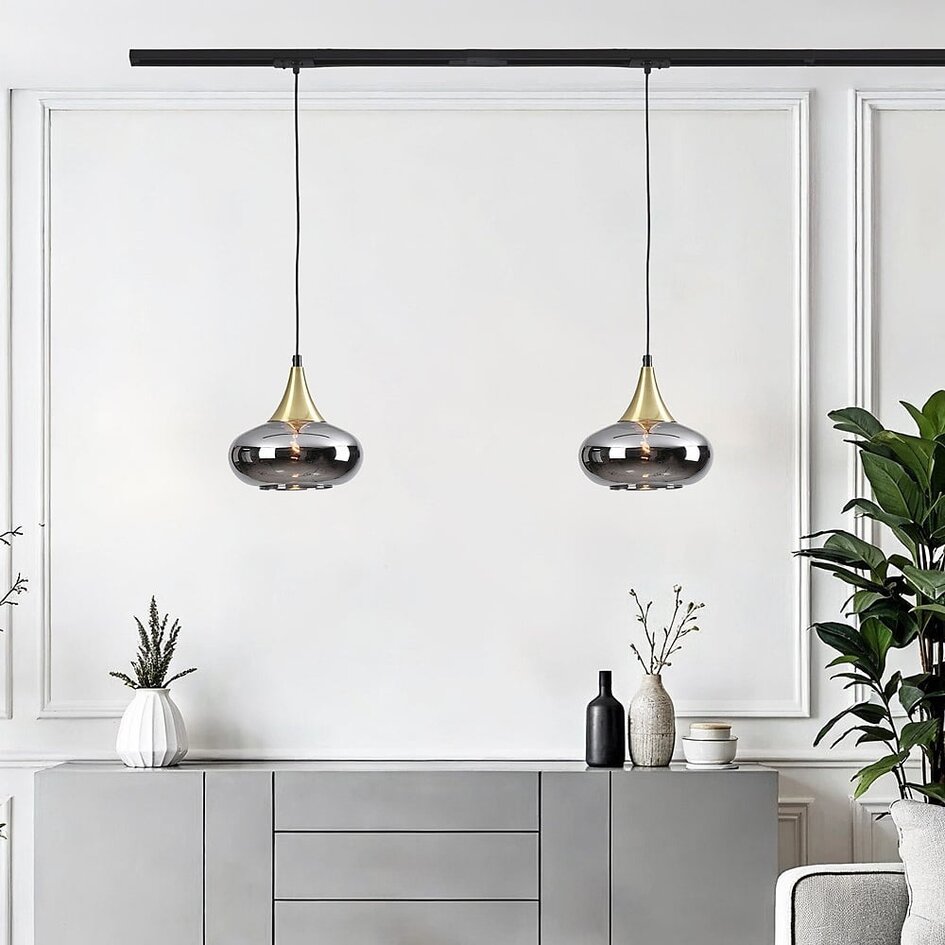 1-Phasen-Pendelleuchte Nill gold mit Rauchglas und Spiegeleffekt - Breites Glas