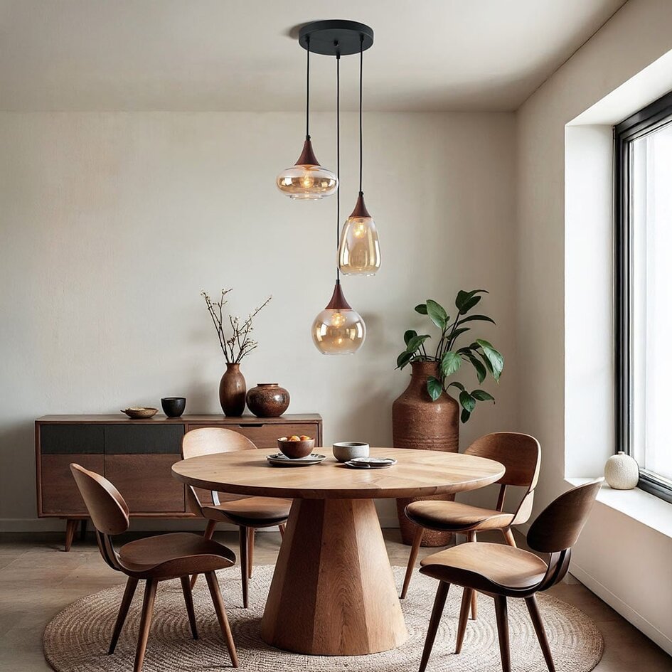 Pendelleuchte mit amber Glas und dunkler Holzoptik, 3-flammig - Loua