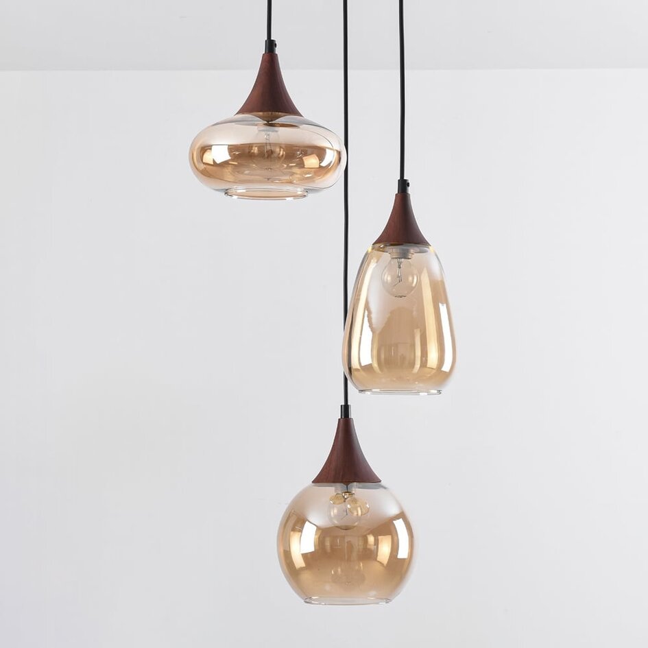 Pendelleuchte mit amber Glas und dunkler Holzoptik, 3-flammig - Loua