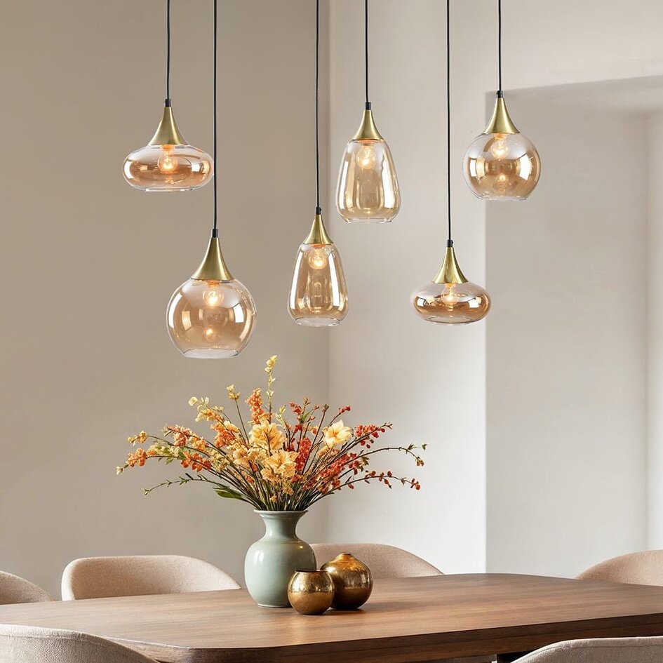 Pendelleuchte gold mit amber Glas, 6-flammig - Loic