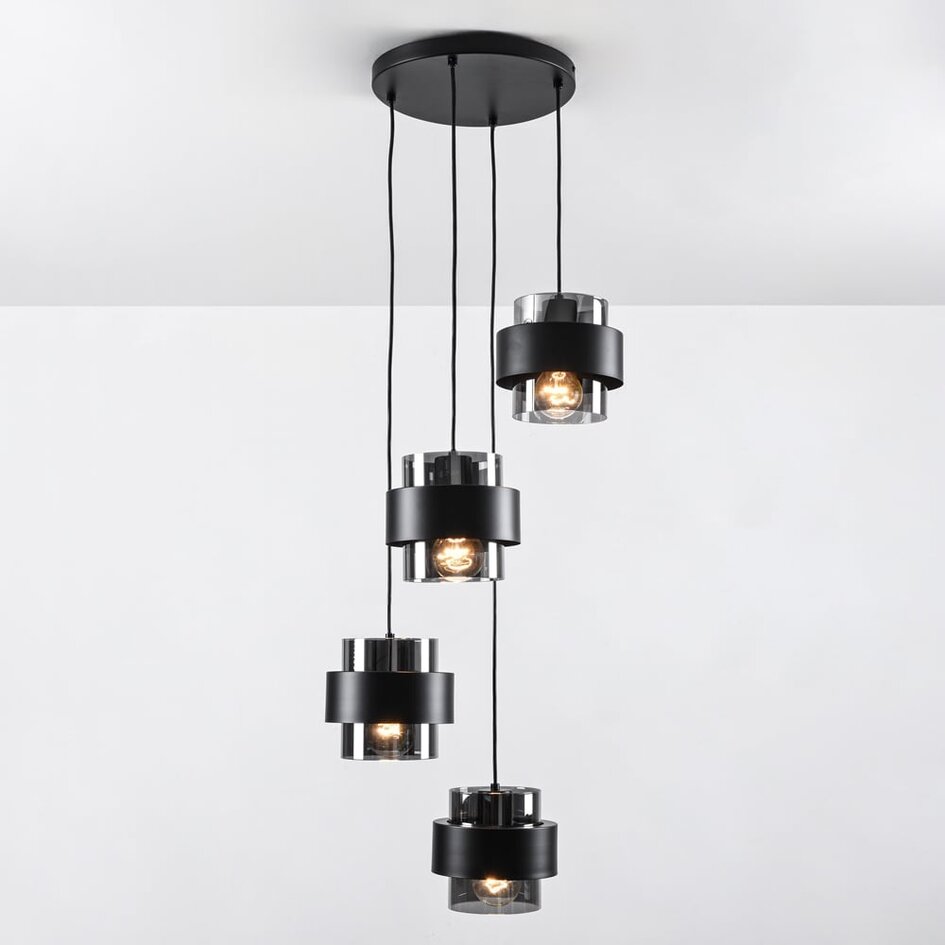 Moderne Pendelleuchte schwarz mit Rauchglas, 4-flammig - Fynna