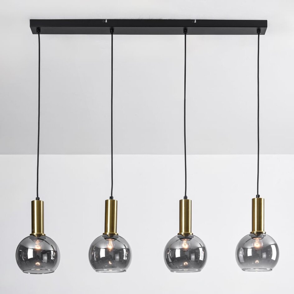 Pendelleuchte Imke schwarz mit goldenen Details und Rauchglas, 4-flammig