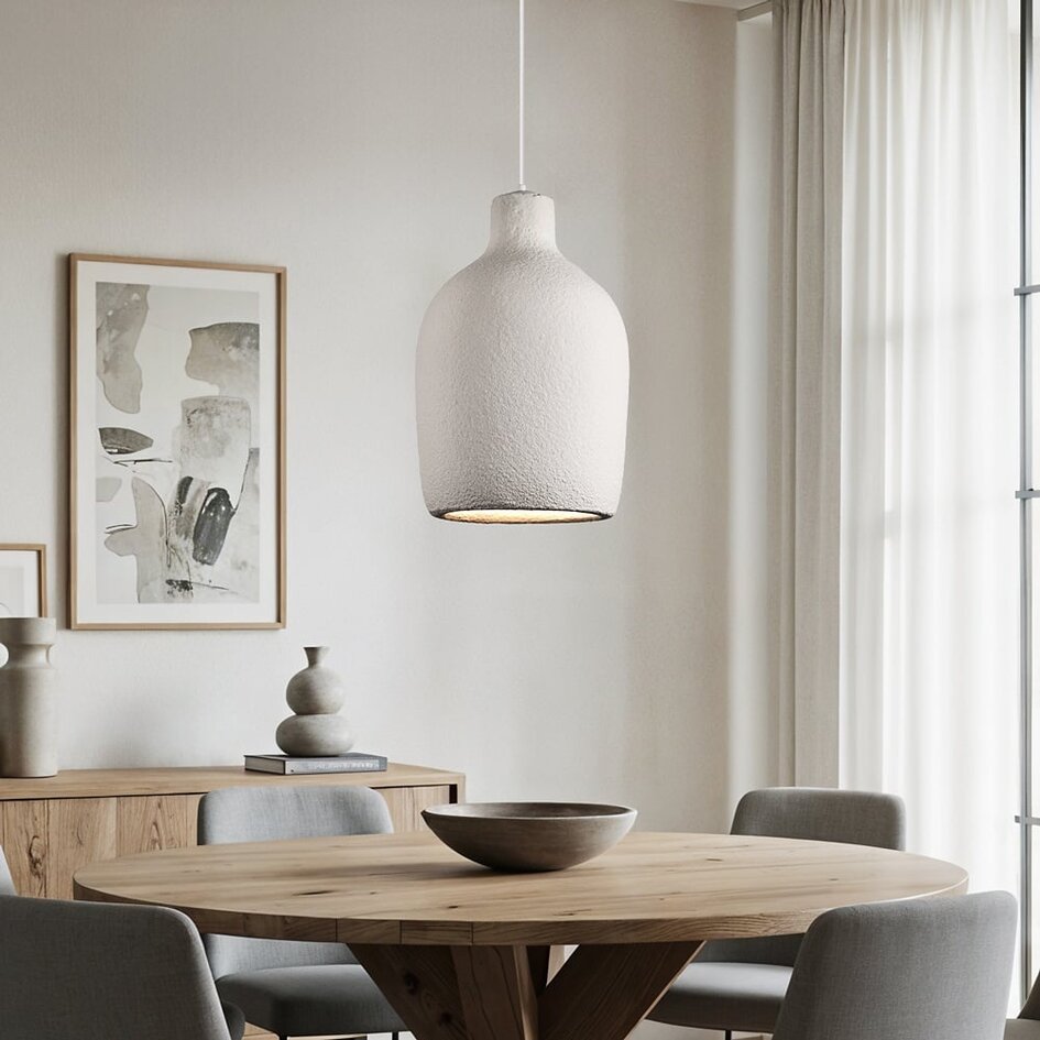 Minimalistische Wabi Sabi Hängeleuchte Hikari mit Steineffekt Ø31 cm - weiß