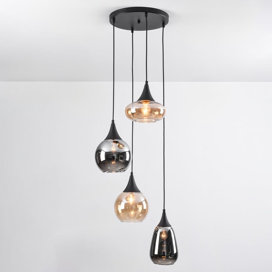 Pendelleuchte 4-flammig schwarz mit amber und Rauchglas - Loïs