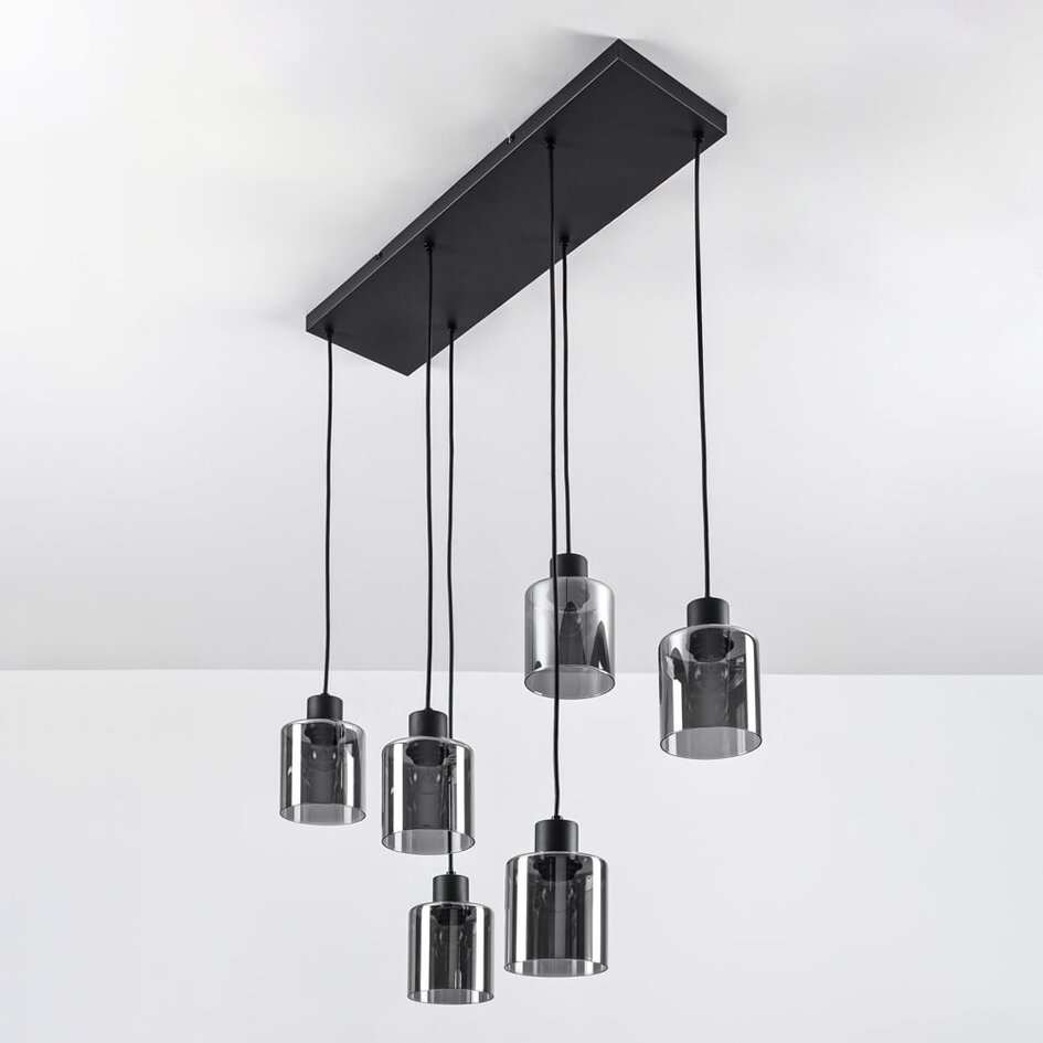 Schwarze Pendelleuchte Palaio mit Rauchglas, 6-flammig