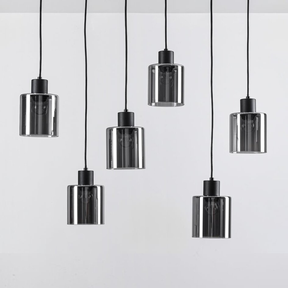 Schwarze Pendelleuchte Palaio mit Rauchglas, 6-flammig