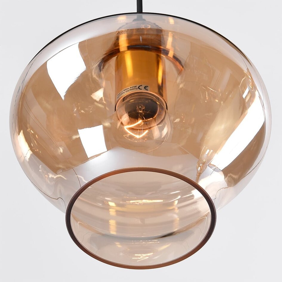 6-flammige Design-Pendelleuchte Trinidad, schwarz mit amber Glas