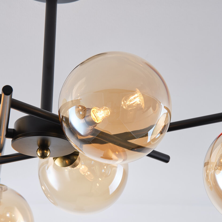 Deckenleuchte Venezia schwarz mit amber Glas, 6-flammig