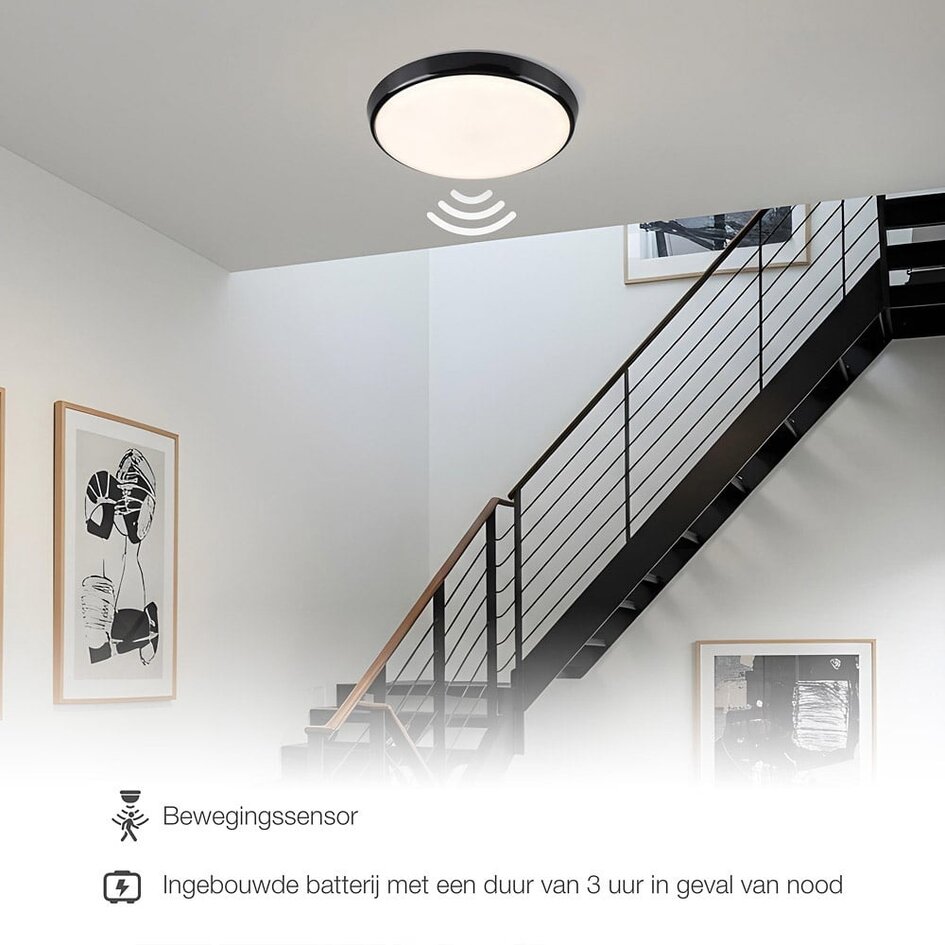 Deckenleuchte Schwarz Ø35,2 cm mit Notfunktion, Sensor und CCT-Schalter 3000K/4000K/6000K