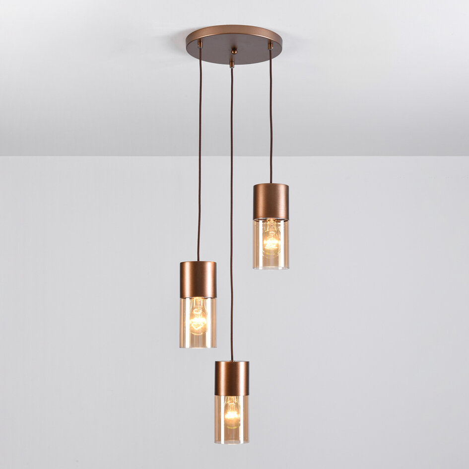 3-flammige Design-Pendelleuchte bronze mit amber Glas - Latte