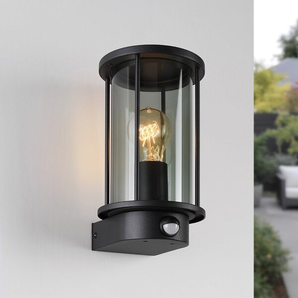 Schwarze Außenwandleuchte mit Rauchglas und Sensor - Pax