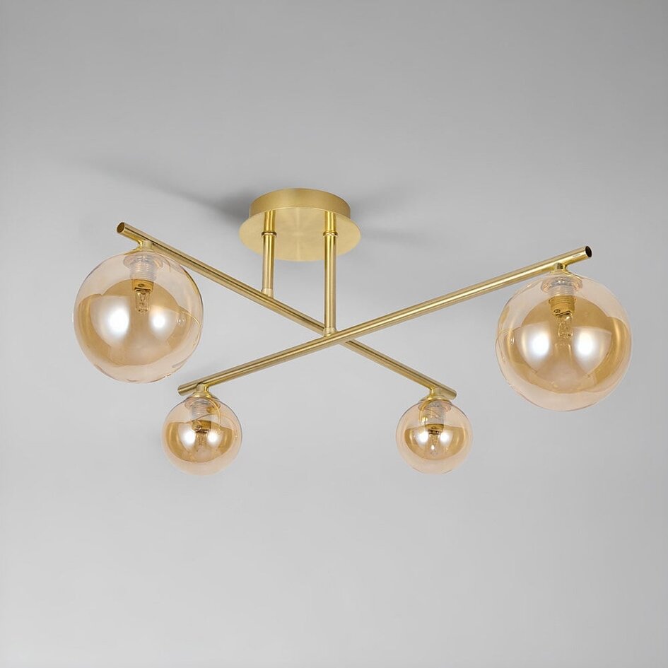 Elegante Deckenleuchte, 4-flammig gold mit amber Glas - Nymo