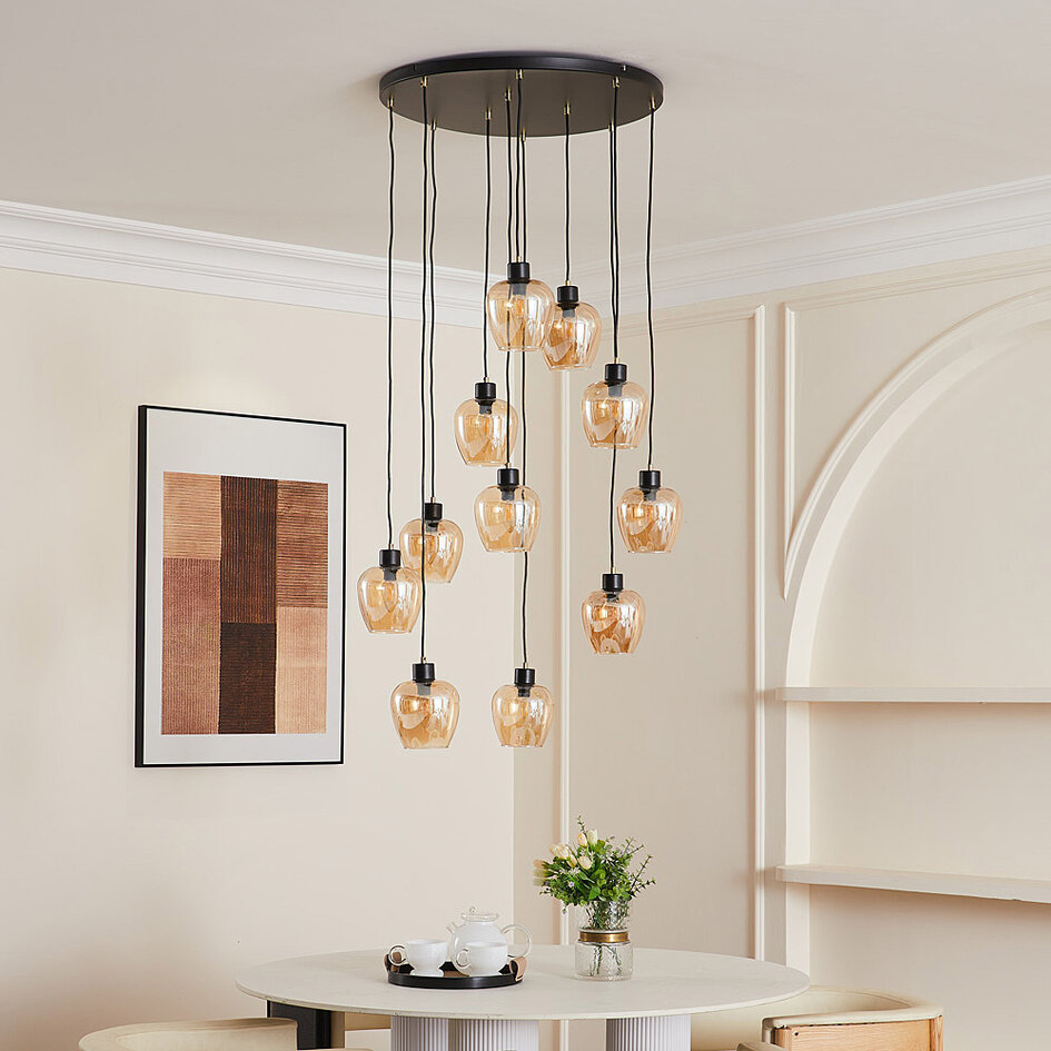 11-flammige Pendelleuchte schwarz mit amber Glas - Hanford