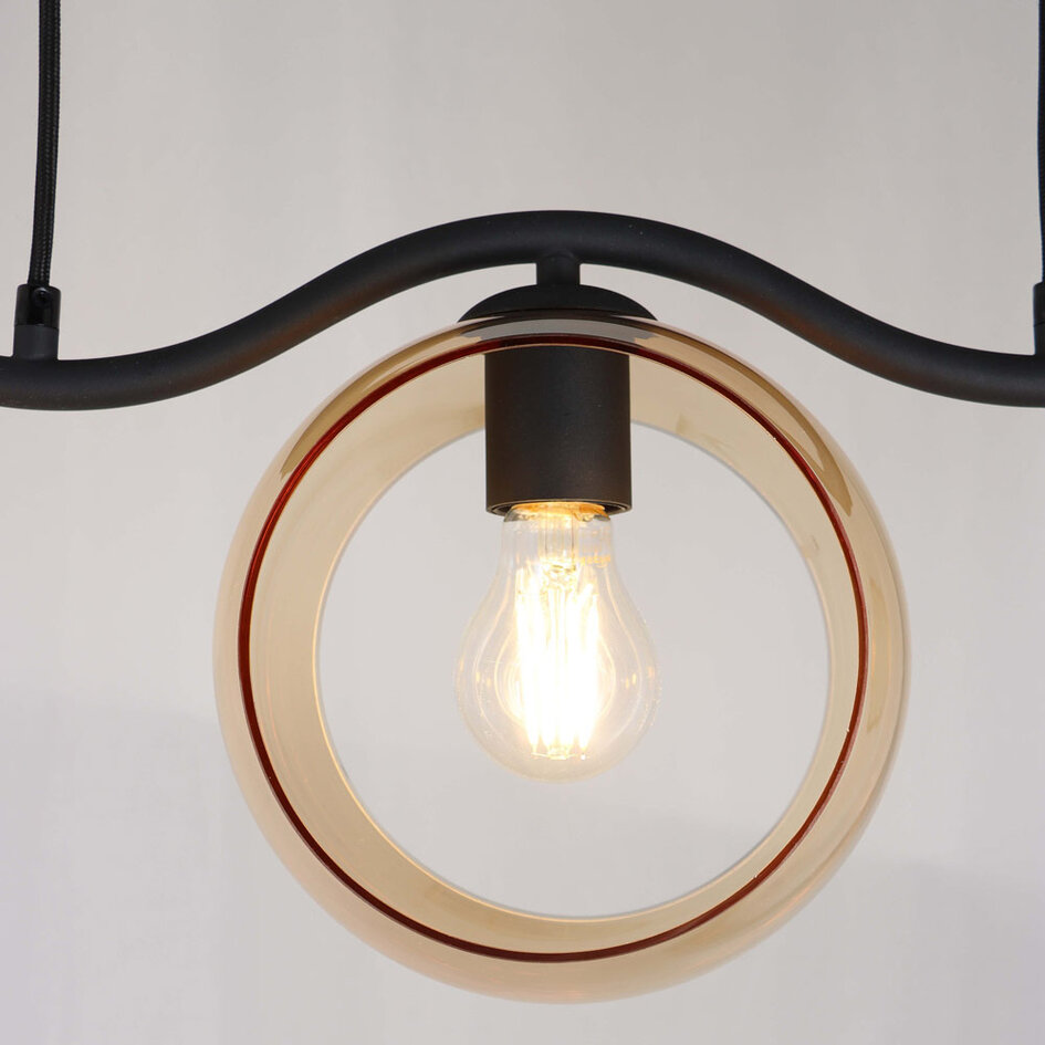 Moderne Pendelleuchte mit rundem amber Glas, 3-flammig - Curvatura