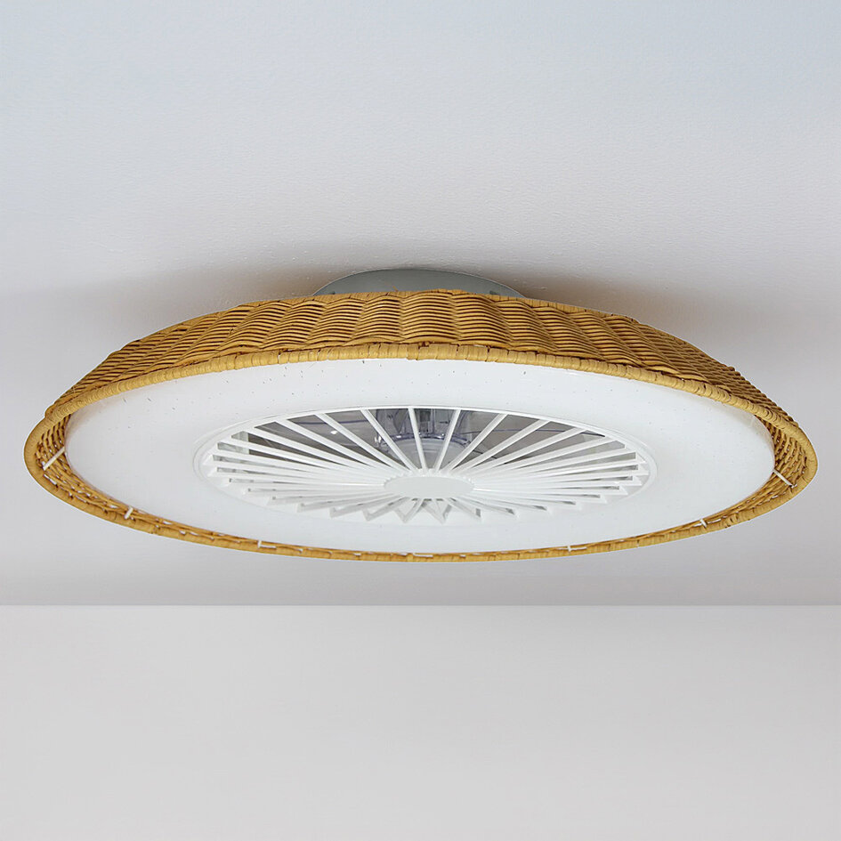 Deckenventilator Cakir mit Sterneffekt und einstellbarer Farbtemperatur - Schirm aus Rattan