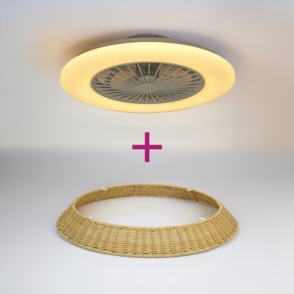 Deckenventilator Cakir mit Sterneffekt und einstellbarer Farbtemperatur - Schirm aus Rattan