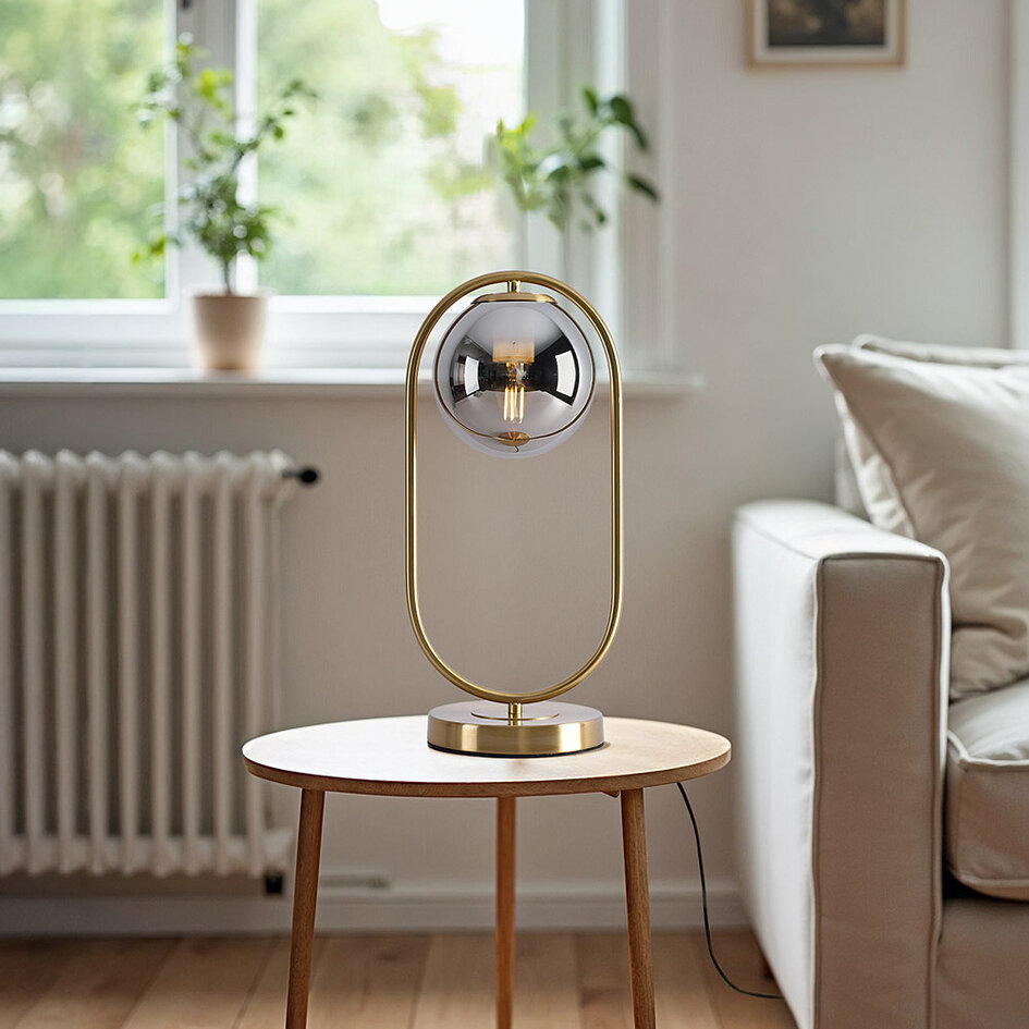 Goldene Design-Tischlampe George - Rauchglas mit Spiegeleffekt