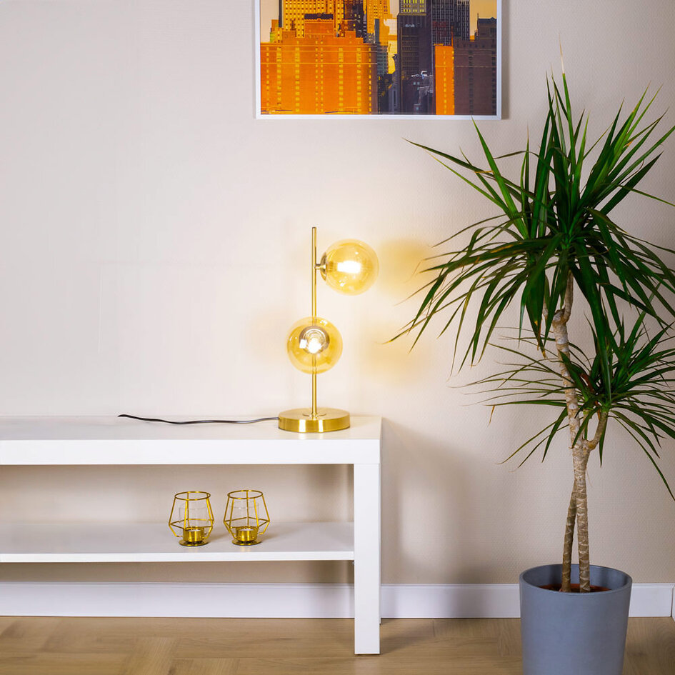 2-flammige Tischleuchte Ethan - Bronze mit amber Glas